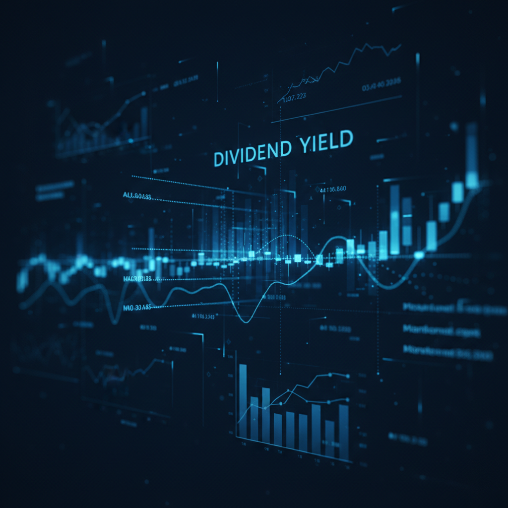 Glowing 3D dividend yield curves and equity market data on dark navy background