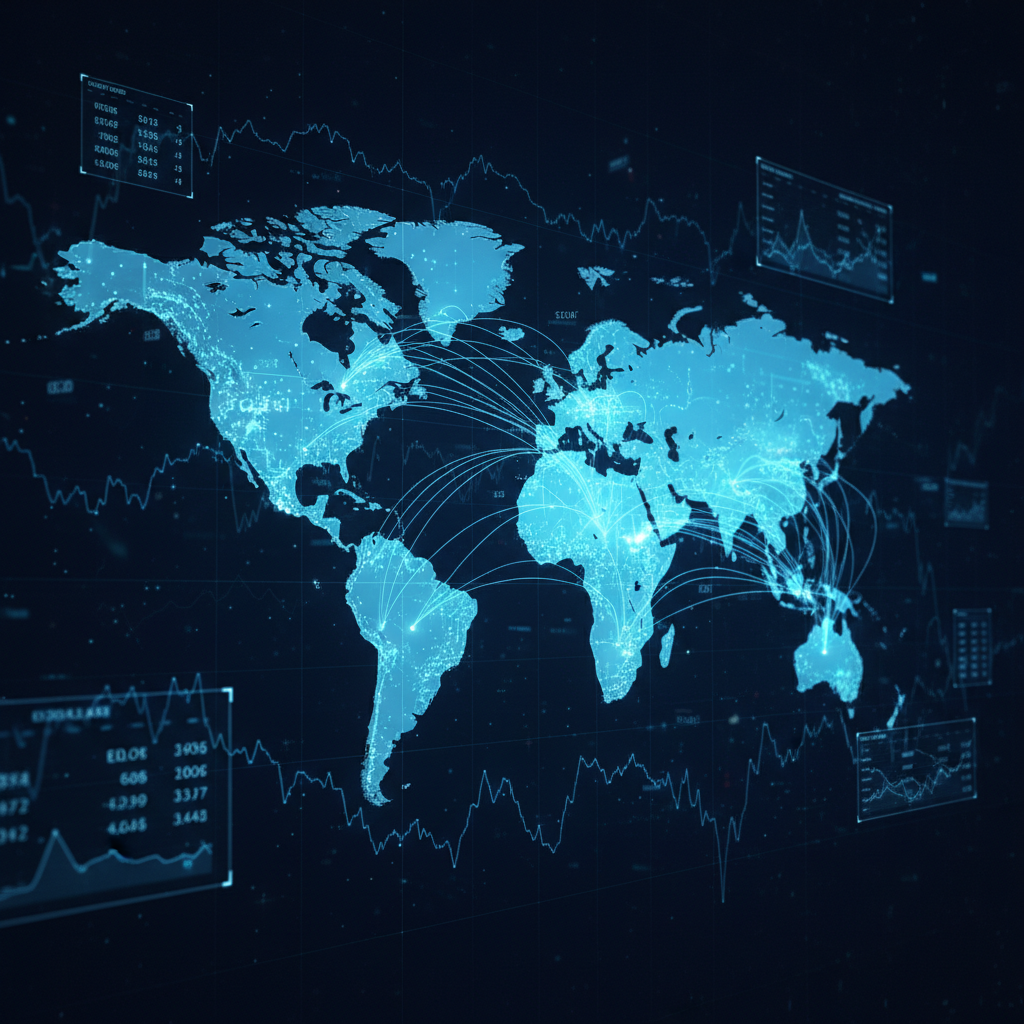 Global forex market map with currency trading routes and exchange rate data