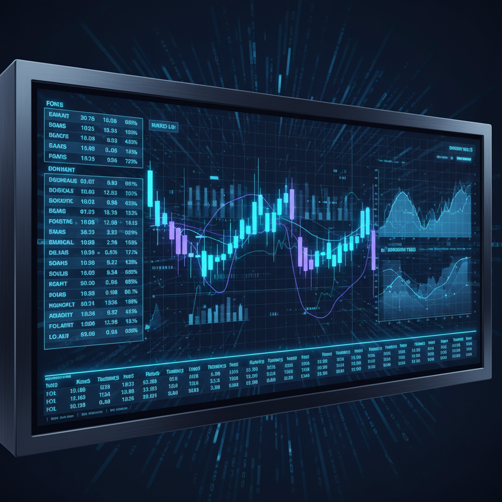 Cinematic institutional trading terminal with glowing cerulean blue financial data streams